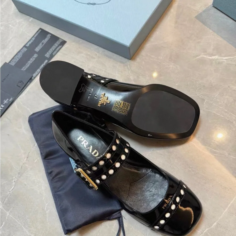 Prada Women's Black Patent Leather Flats with Studded Straps - Picture 2 of 7
